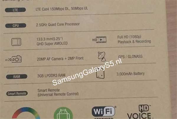 pakiranje galaxy s5 specifikacije